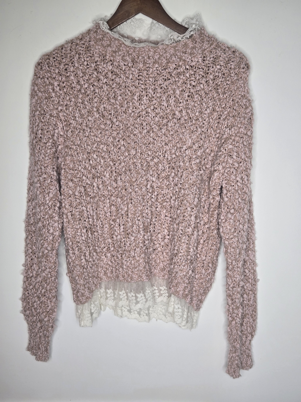 Olive & Oak Pink Boucle Knit Lace Trim Mock Neck Layered Sweater Boho Chic Sz S